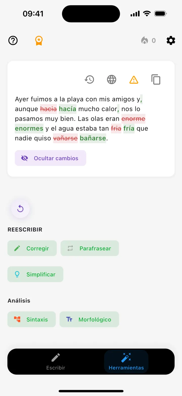 Texto corregido en Gramatik con los errores tachados en rojo y las correcciones en verde