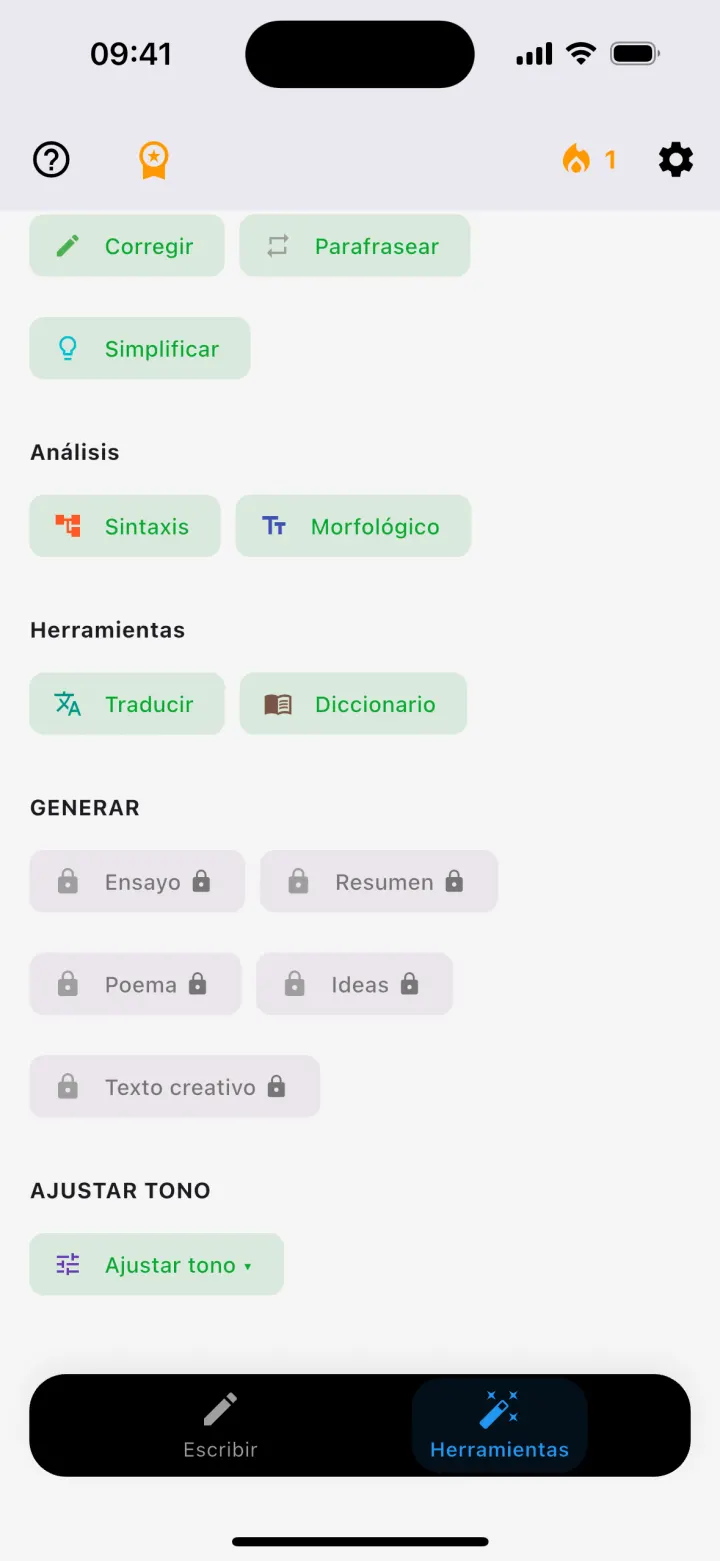 Herramientas de Gramatik: corregir, parafrasear, simplificar, análisis, traducir, diccionario y generar